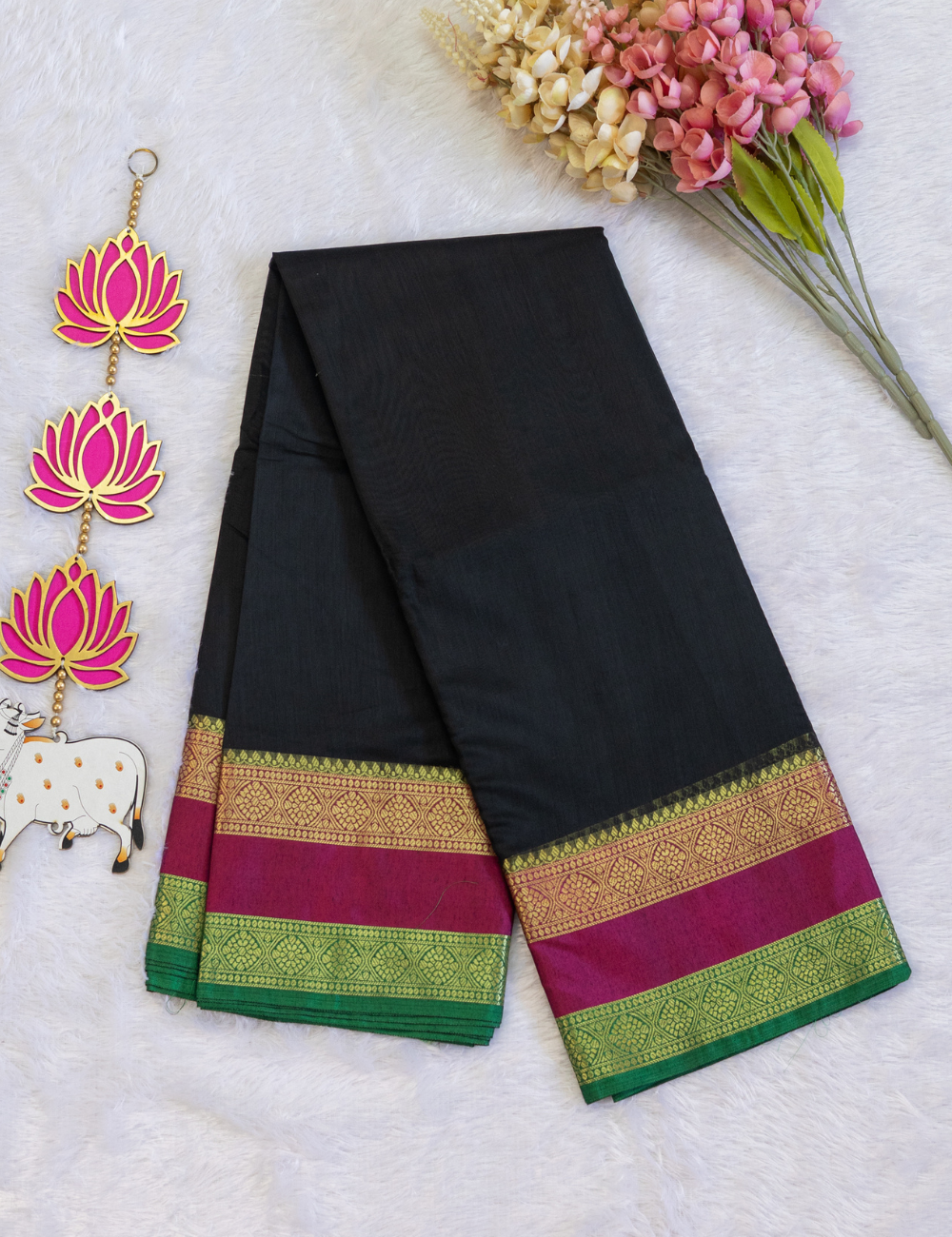 Plain Black Chanderi Cotton Saree – Pink Rettapet Border