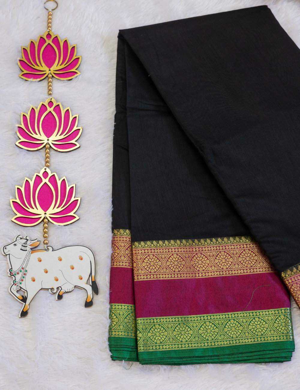 Plain Black Chanderi Cotton Saree – Pink Rettapet Border