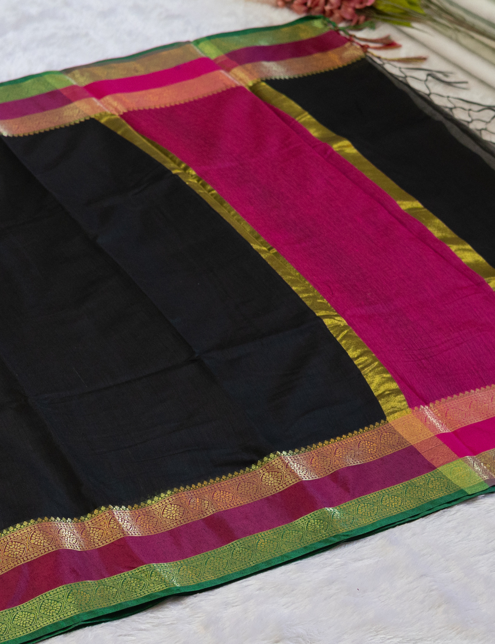 Plain Black Chanderi Cotton Saree – Pink Rettapet Border