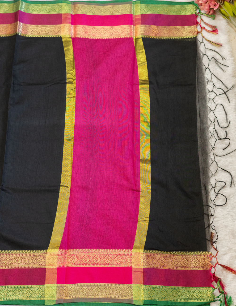 Plain Black Chanderi Cotton Saree – Pink Rettapet Border