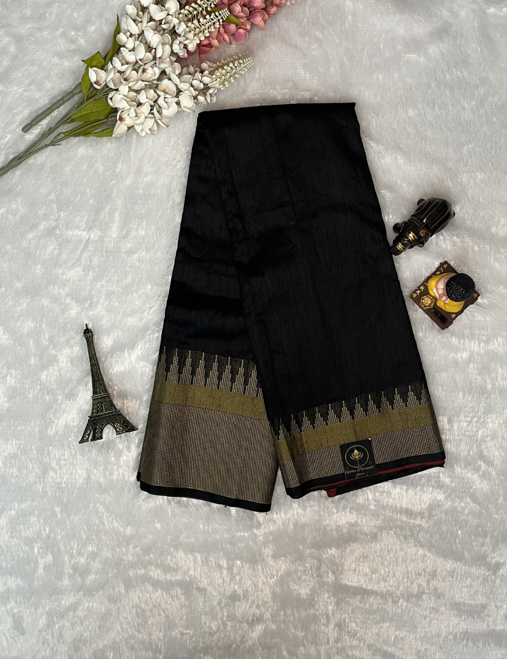 Jute Cotton Saree in Plain Black and Red - Temple Border