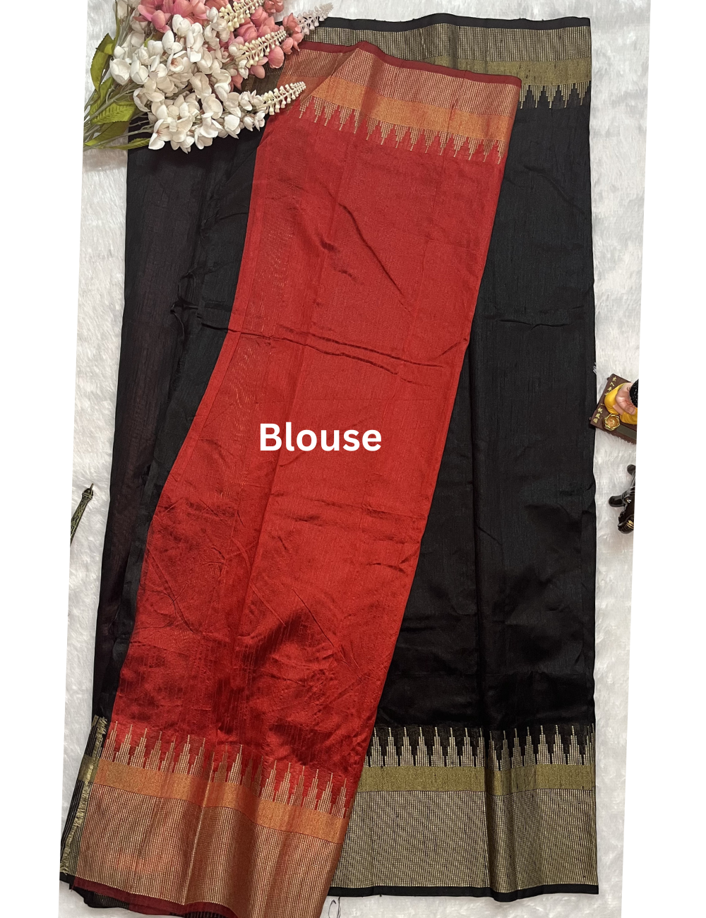 Jute Cotton Saree in Plain Black and Red - Temple Border