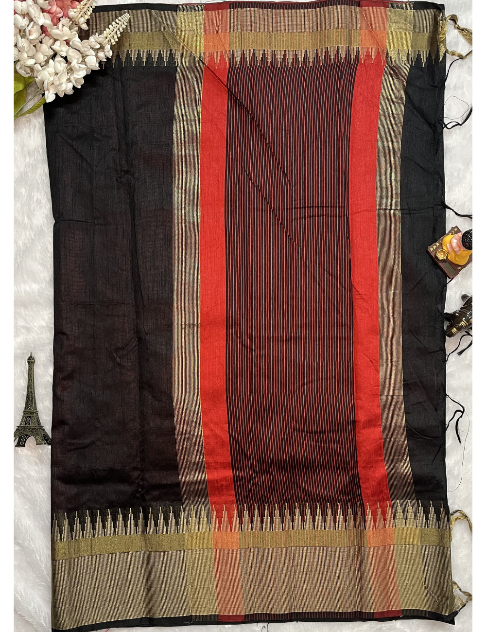 Jute Cotton Saree in Plain Black and Red - Temple Border