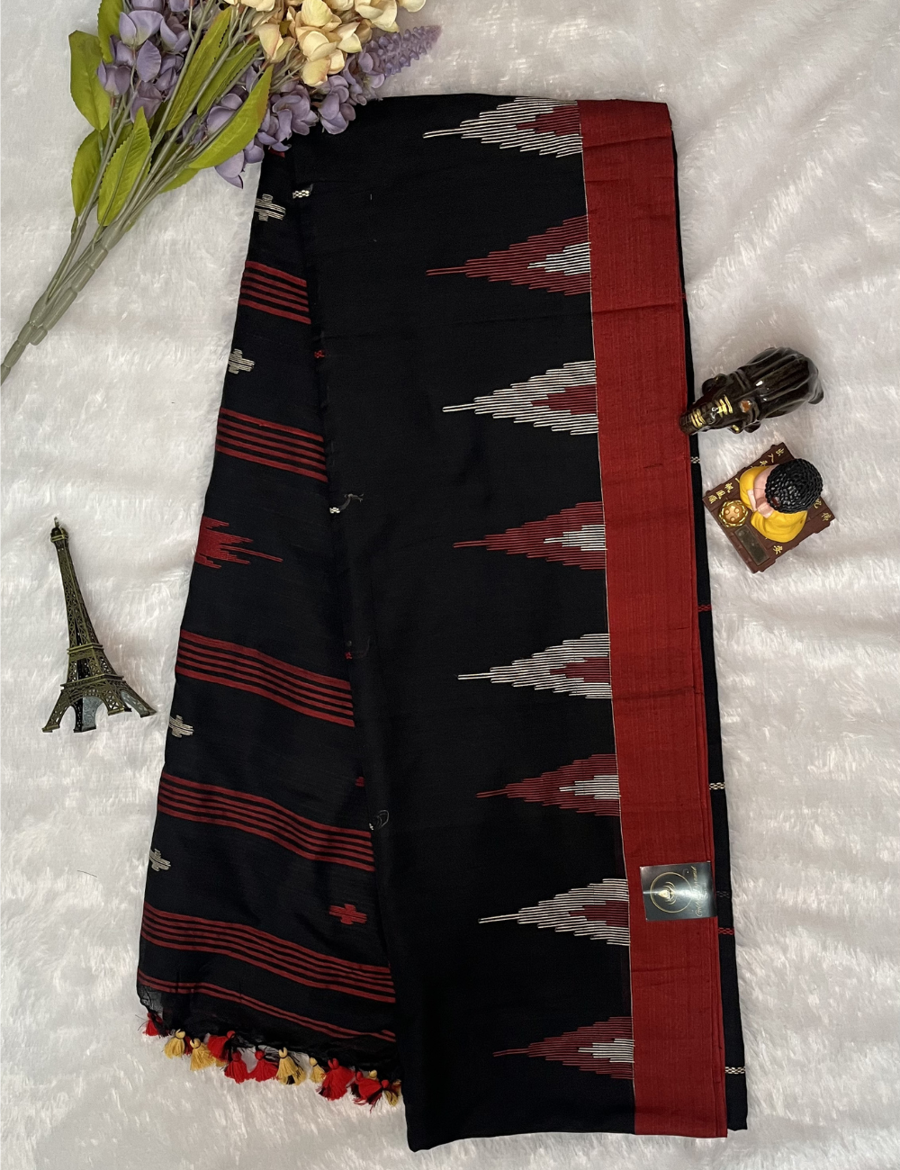 Soft Cotton Saree in Black and Red - Temple Border - DIY Kolam Print Blouse