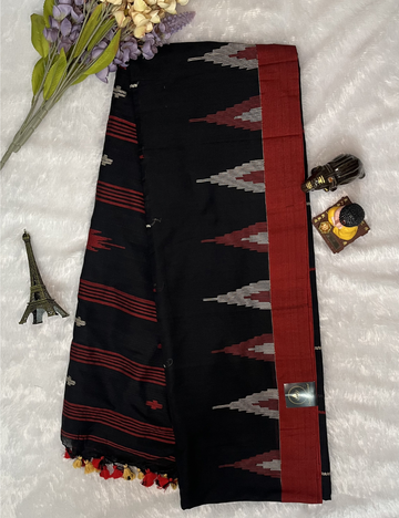 Soft Cotton Saree in Black and Red - Temple Border - DIY Kolam Print Blouse