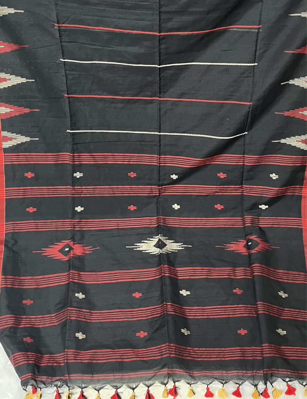 Soft Cotton Saree in Black and Red - Temple Border - DIY Kolam Print Blouse