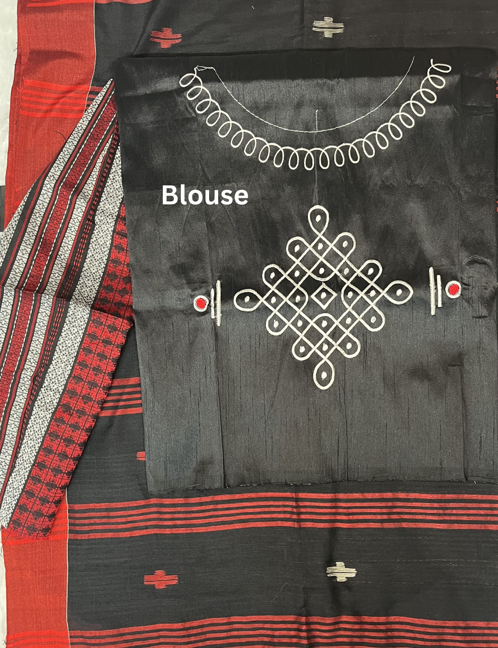 Soft Cotton Saree in Black and Red - Temple Border - DIY Kolam Print Blouse
