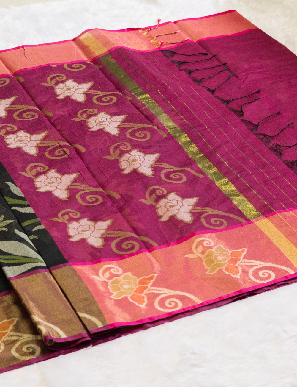 Pochampally Weaving Chanderi Cotton Saree – Black & Pink