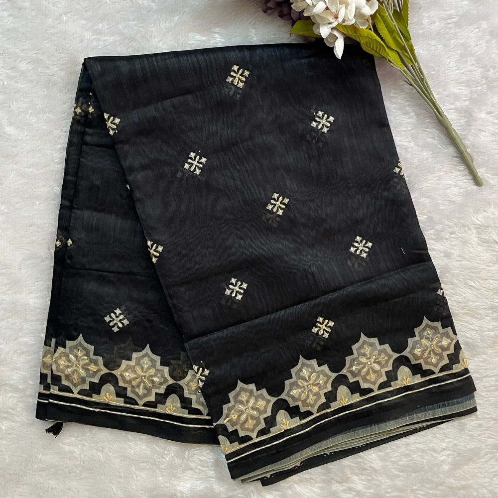 Linen Cotton Saree with Full Knot Work Embroidery - Black and Ivory