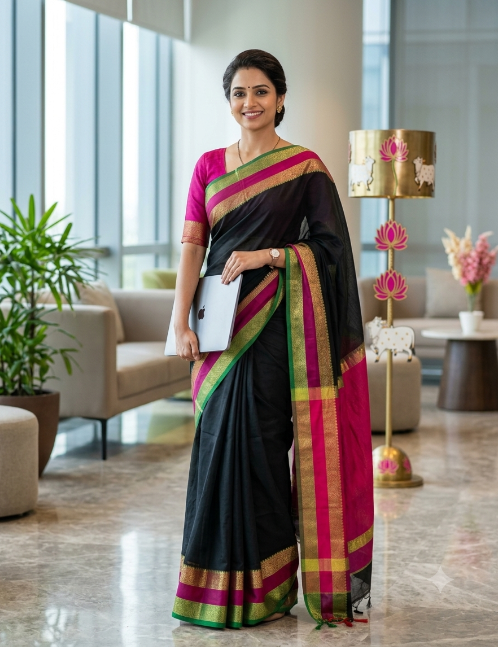 Plain Black Chanderi Cotton Saree – Pink Rettapet Border