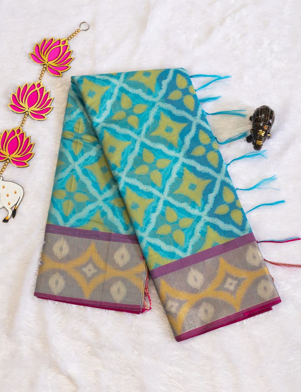 Pochampally Weaving Chanderi Cotton Saree – Blue with Purple