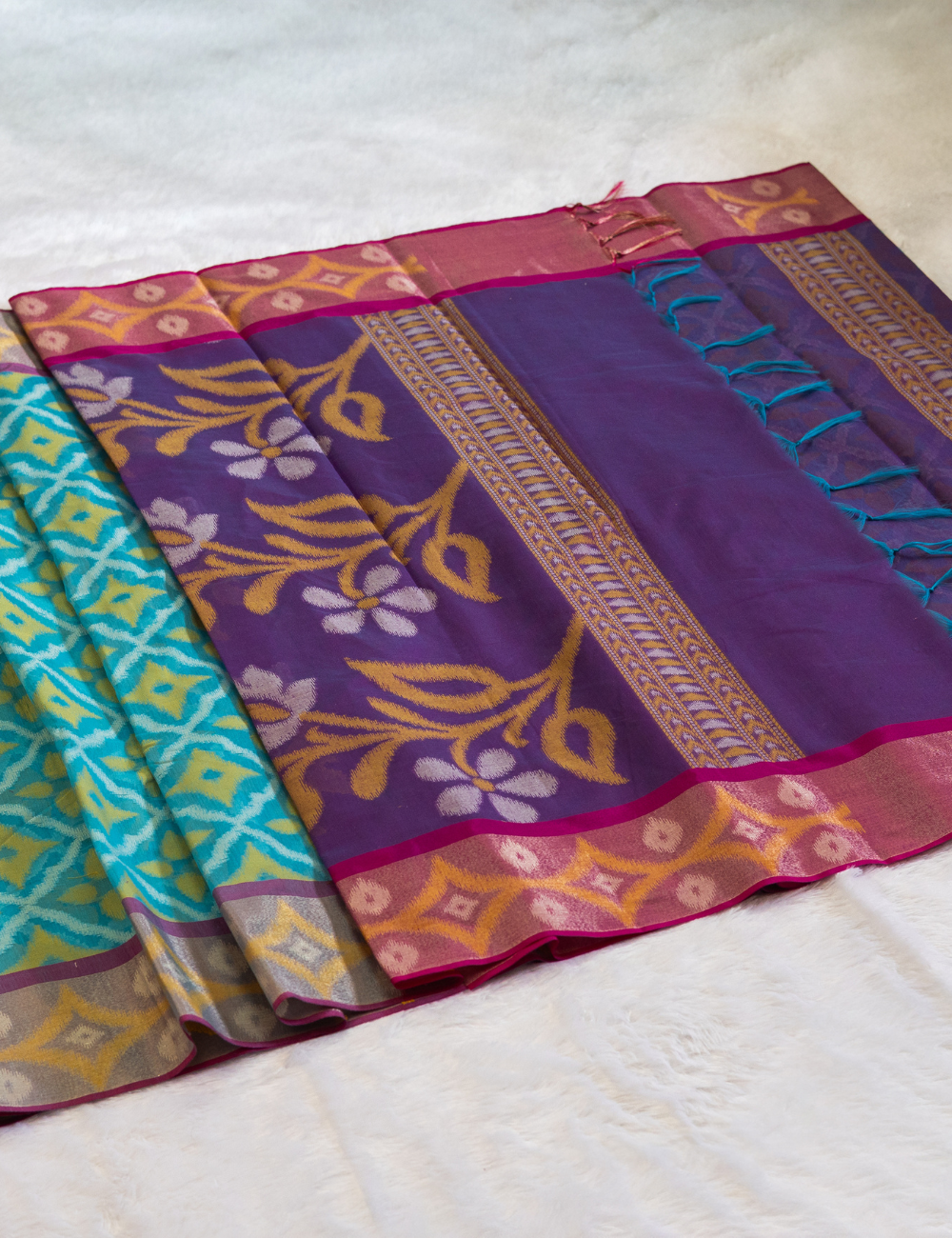 Pochampally Weaving Chanderi Cotton Saree – Blue with Purple