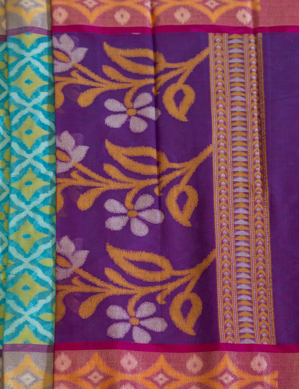 Pochampally Weaving Chanderi Cotton Saree – Blue with Purple