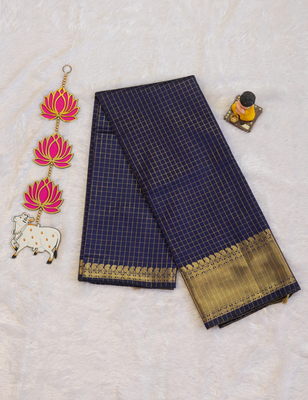 Navy Blue Semi Silk Saree with Small Checks All Over - Jacquard Border