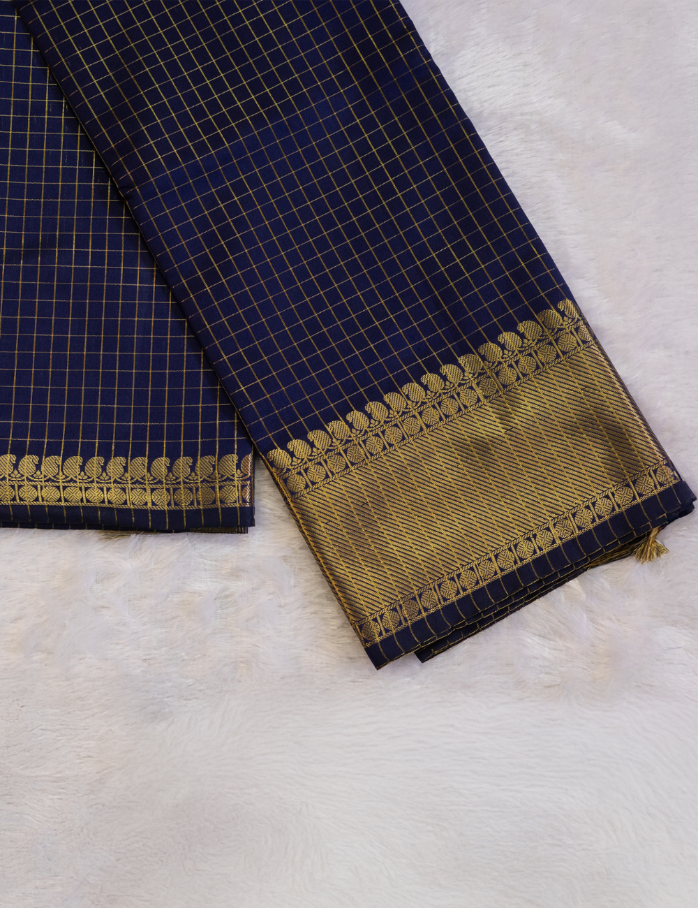 Navy Blue Semi Silk Saree with Small Checks All Over - Jacquard Border