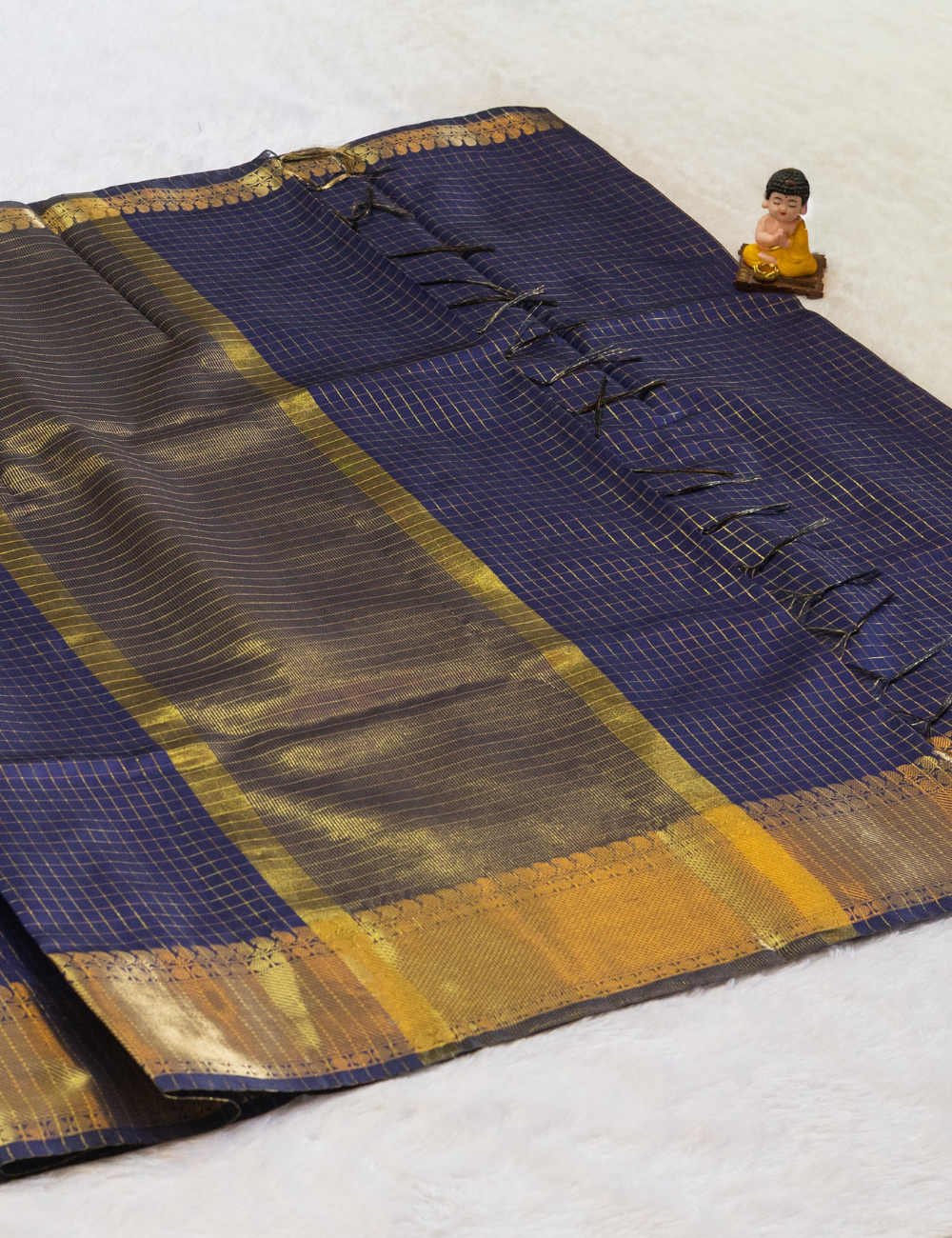 Navy Blue Semi Silk Saree with Small Checks All Over - Jacquard Border