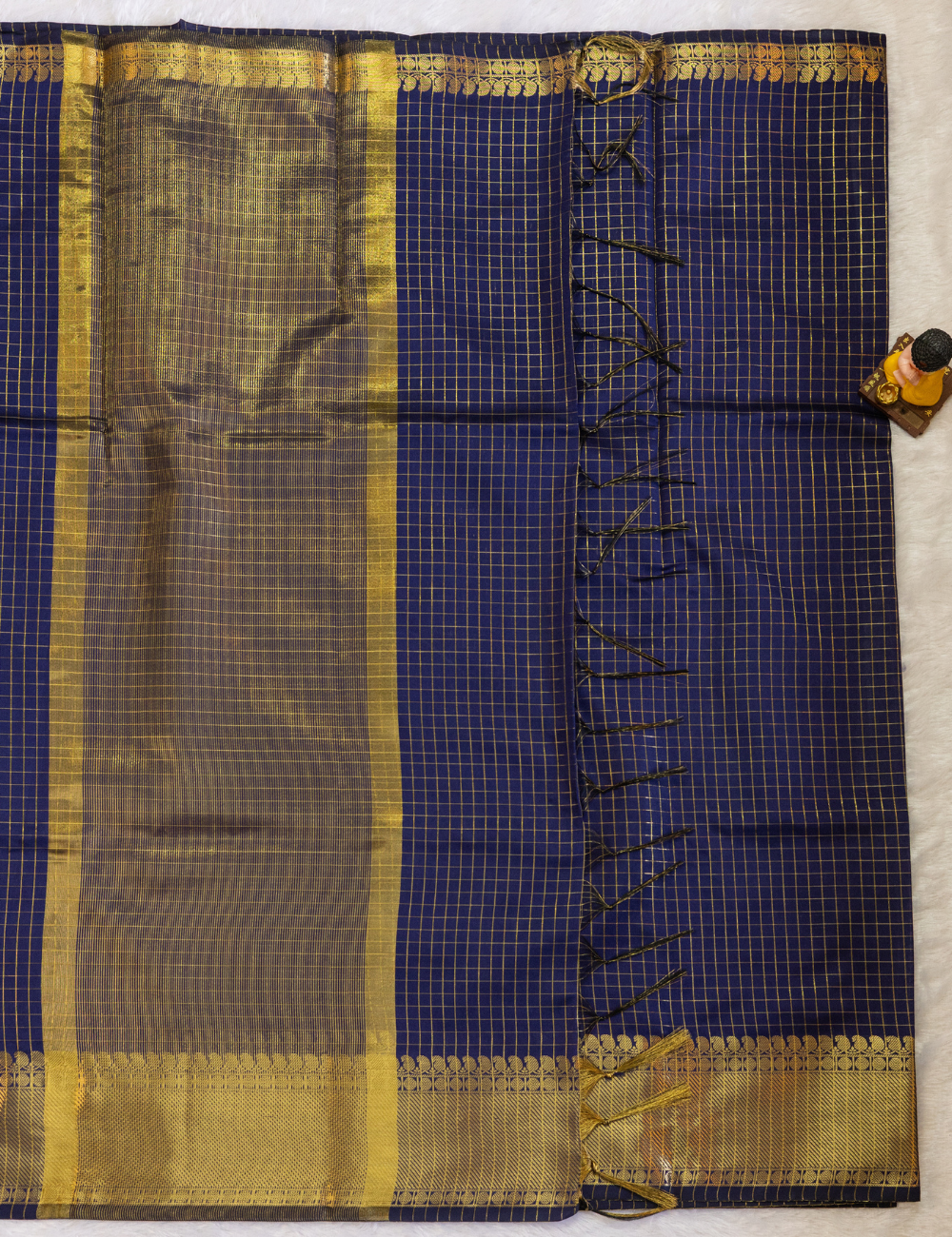 Navy Blue Semi Silk Saree with Small Checks All Over - Jacquard Border