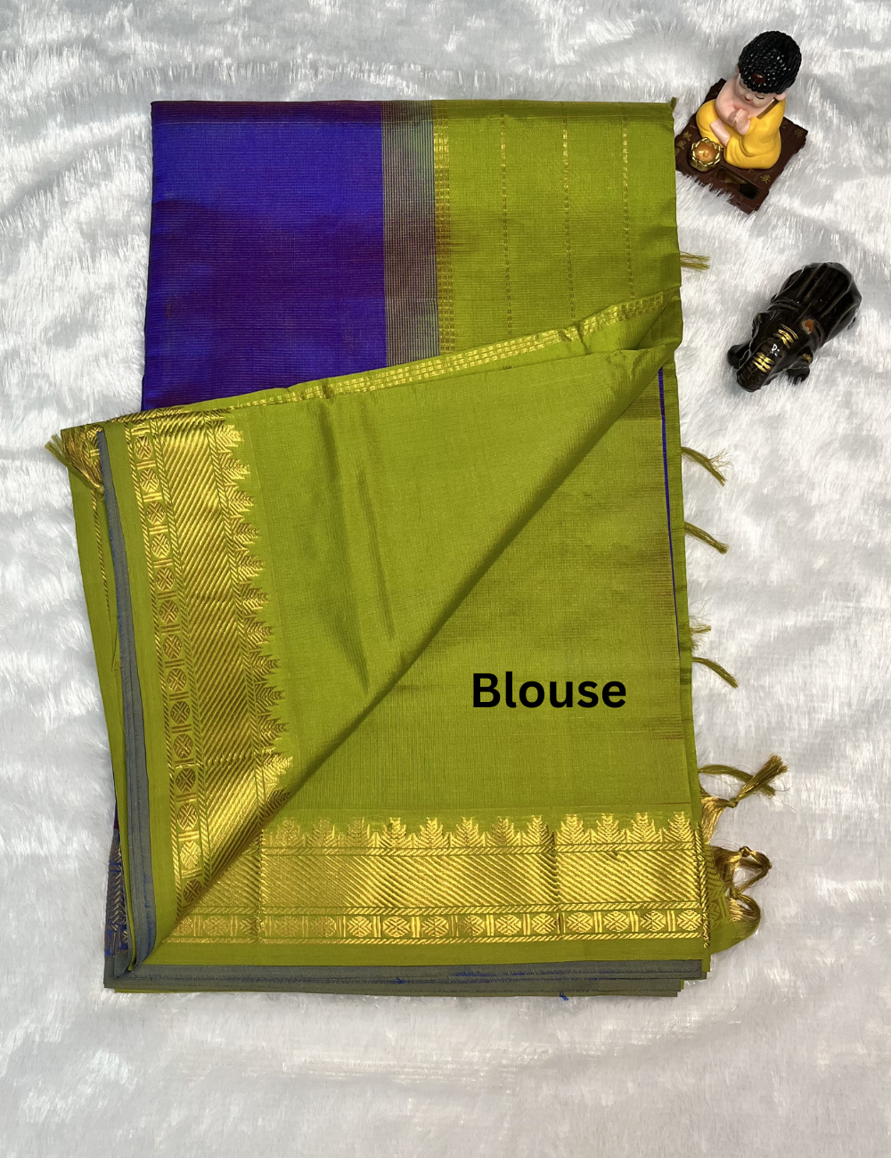 Semi Silk Cotton - Vairaoosi pattern - Ink Blue with Light Green