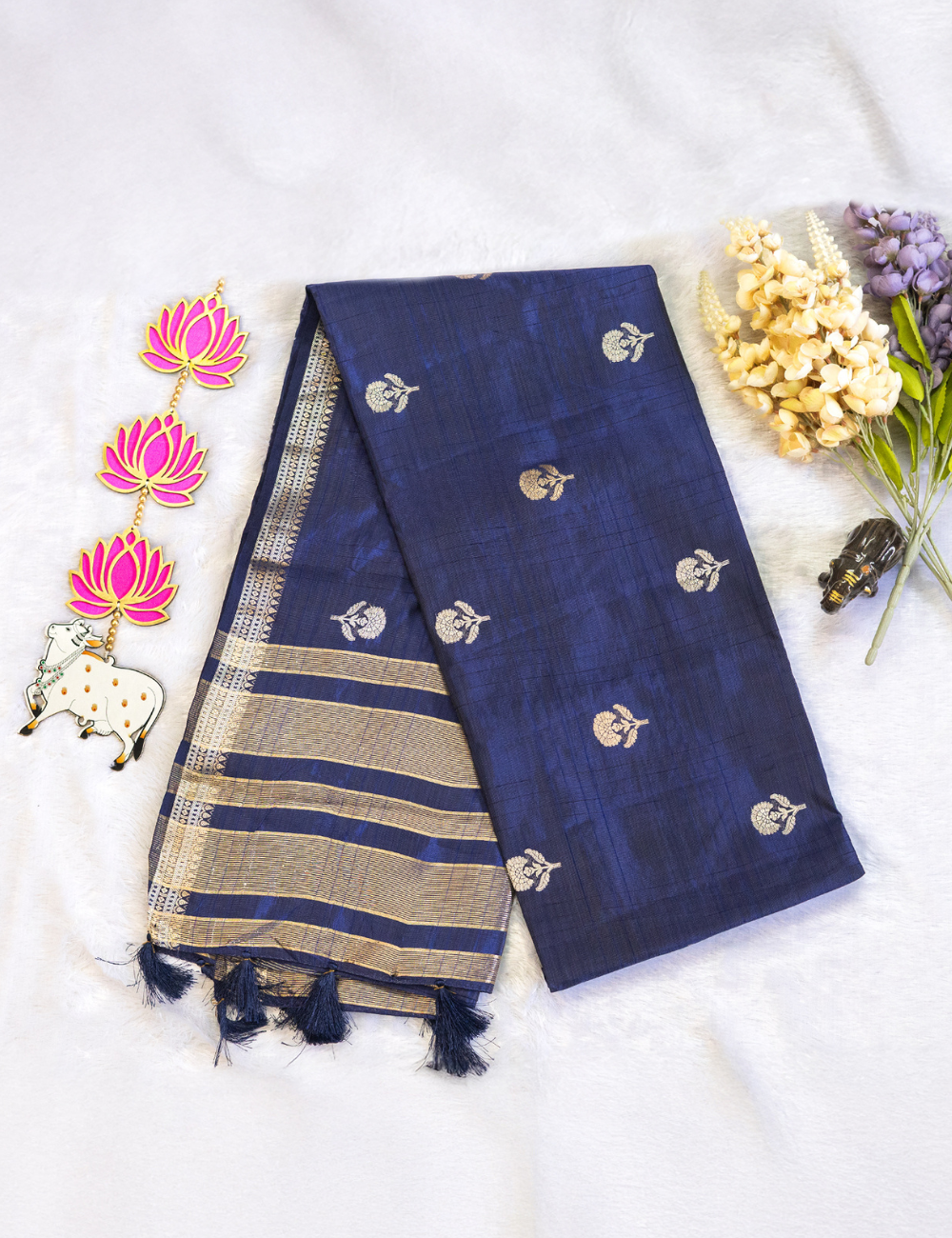 Navy Blue Semi Tussar Saree with Butta All Over - Small Border