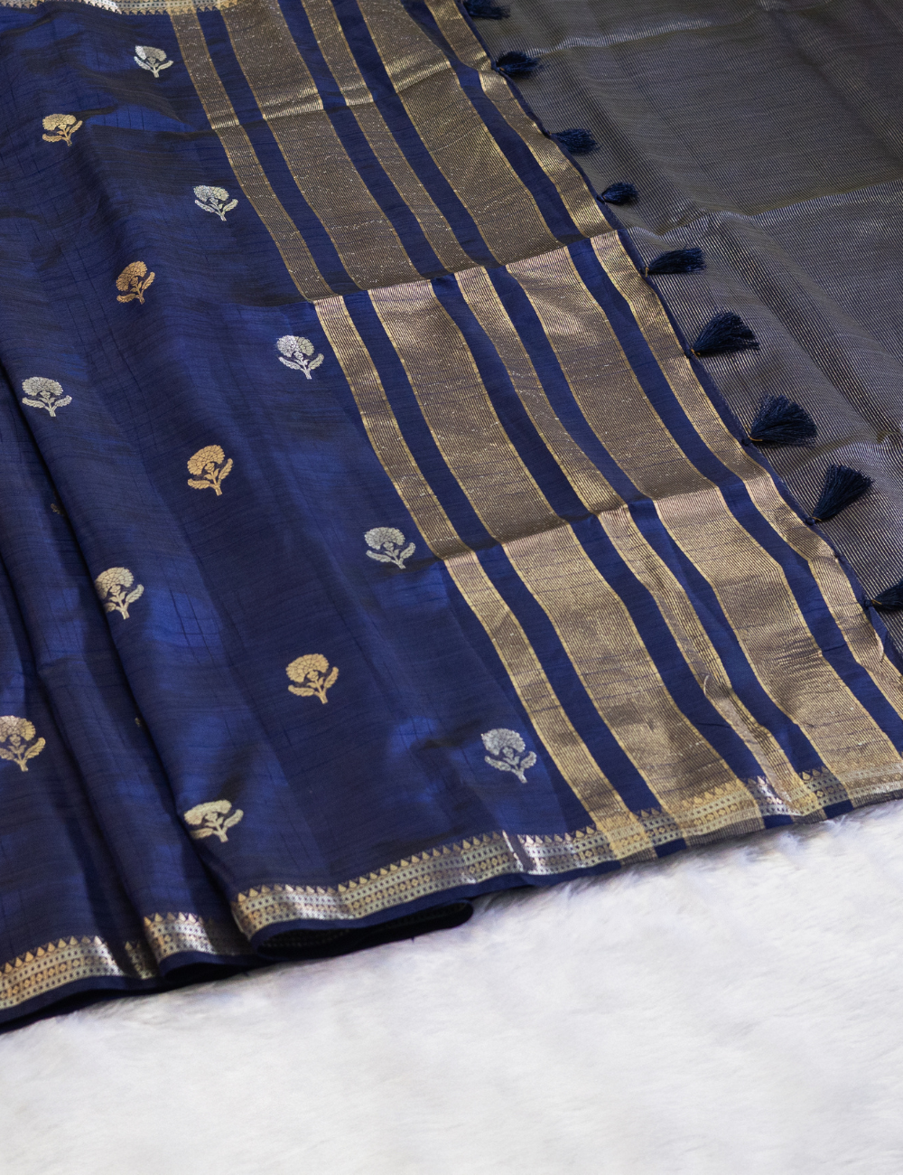Navy Blue Semi Tussar Saree with Butta All Over - Small Border