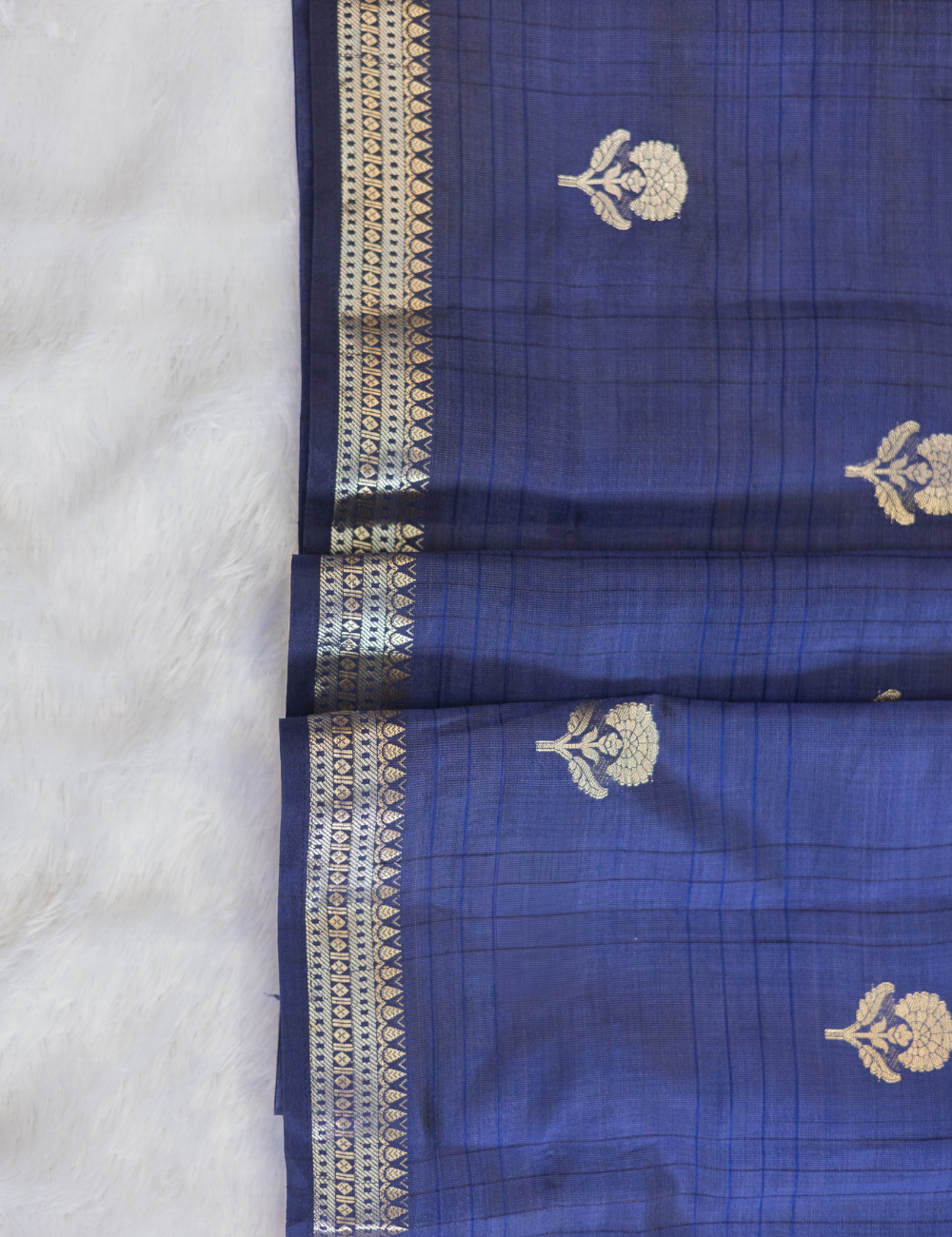 Navy Blue Semi Tussar Saree with Butta All Over - Small Border