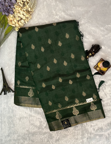 Semi Tussar Saree - Bottle Green Colour - Butta All over with Rich Pallu