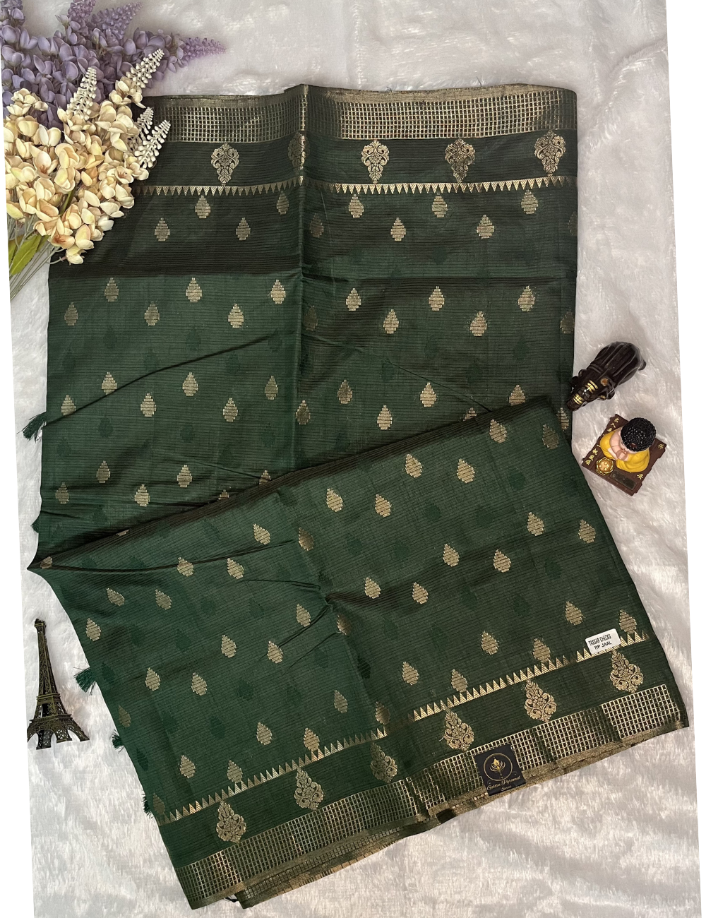 Semi Tussar Saree - Bottle Green Colour - Butta All over with Rich Pallu