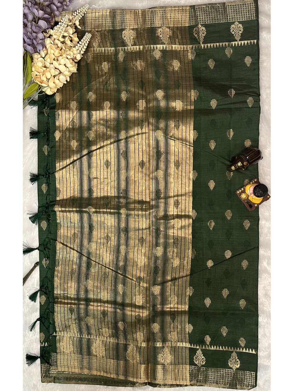 Semi Tussar Saree - Bottle Green Colour - Butta All over with Rich Pallu