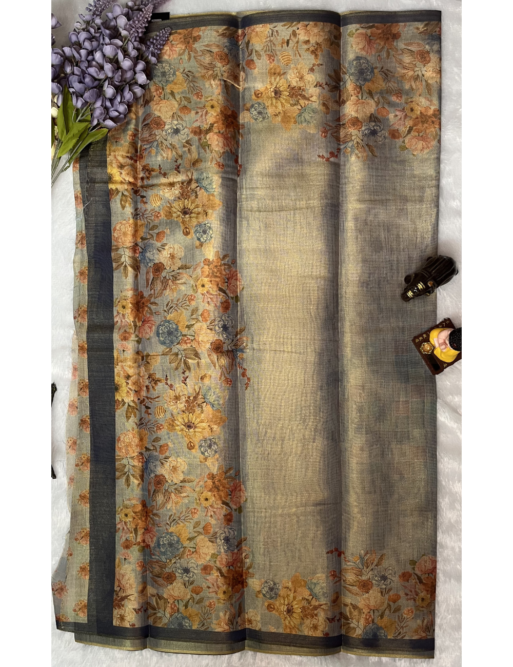 Fancy Chanderi Tissue Saree - Floral prints - Dual Shade Blueish Grey