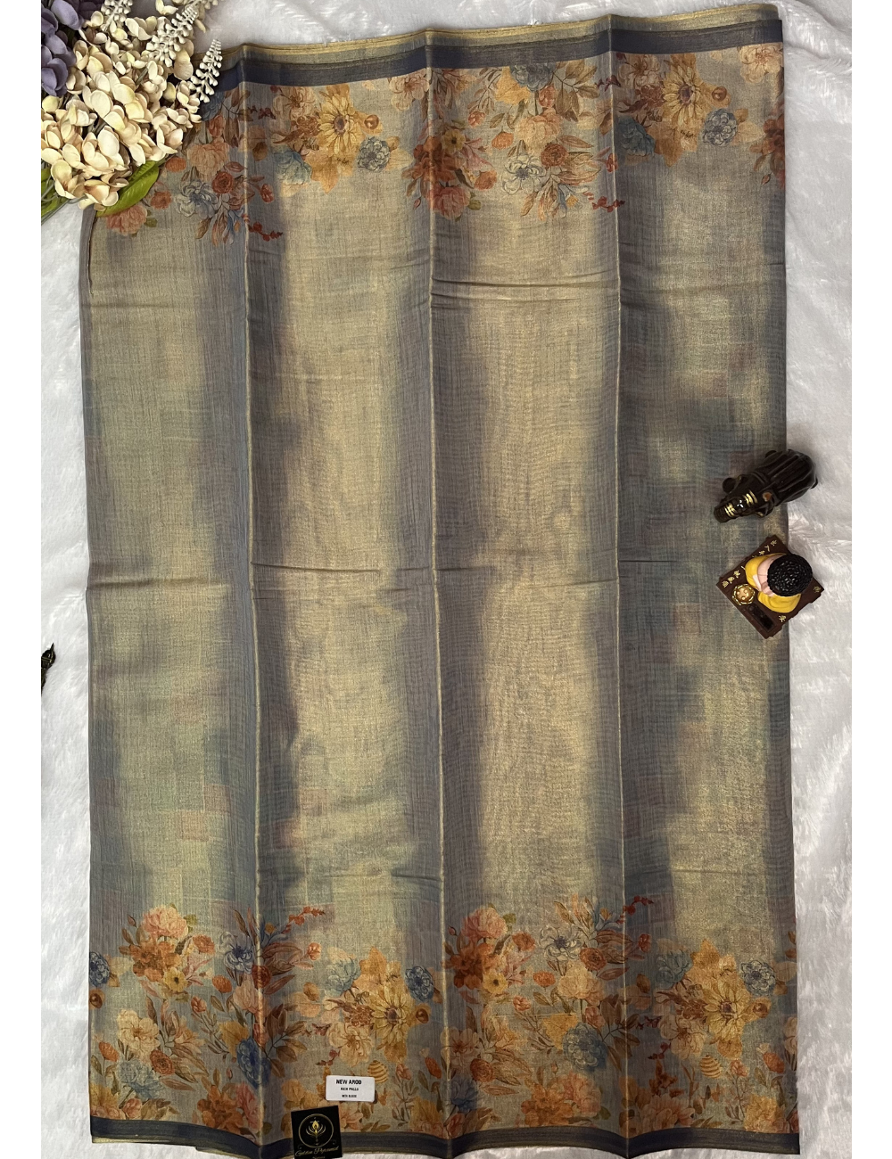Fancy Chanderi Tissue Saree - Floral prints - Dual Shade Blueish Grey