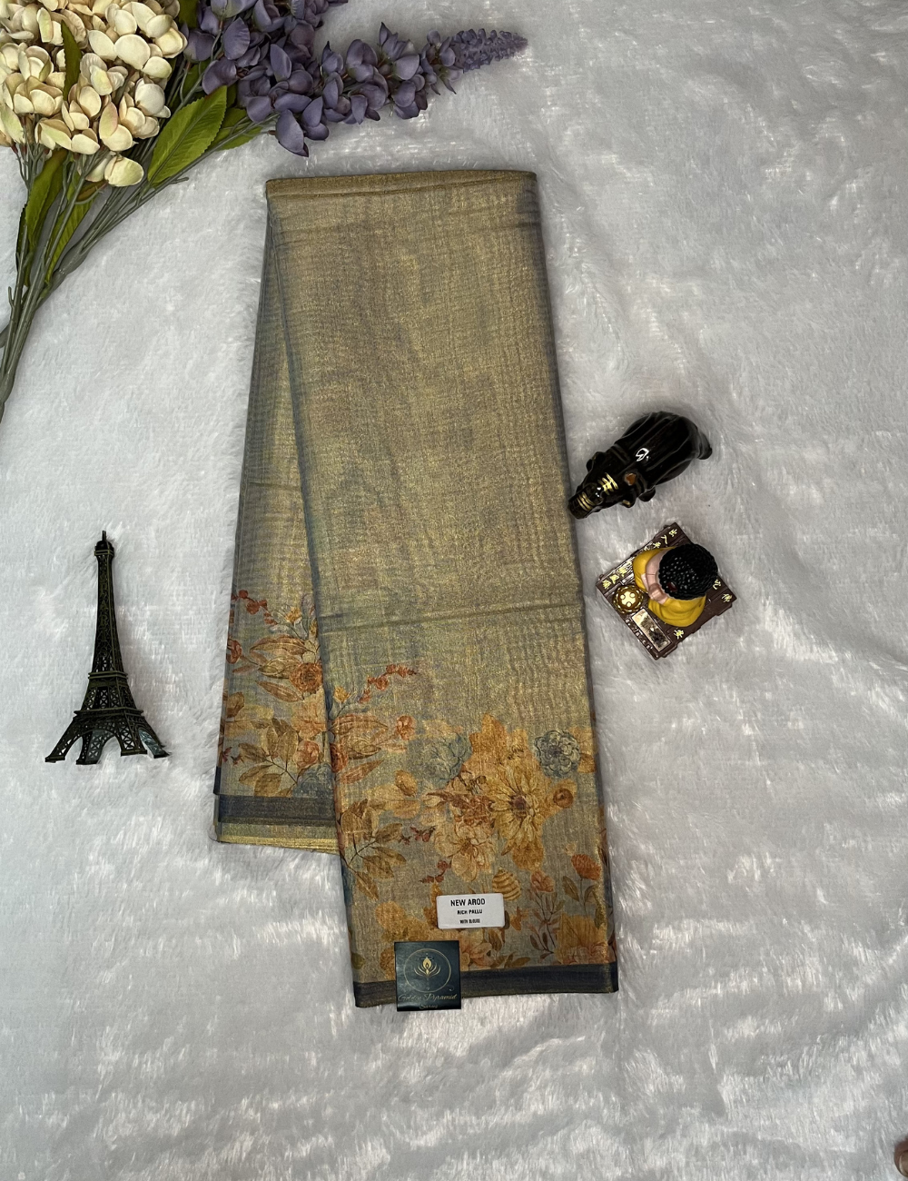 Fancy Chanderi Tissue Saree - Floral prints - Dual Shade Blueish Grey