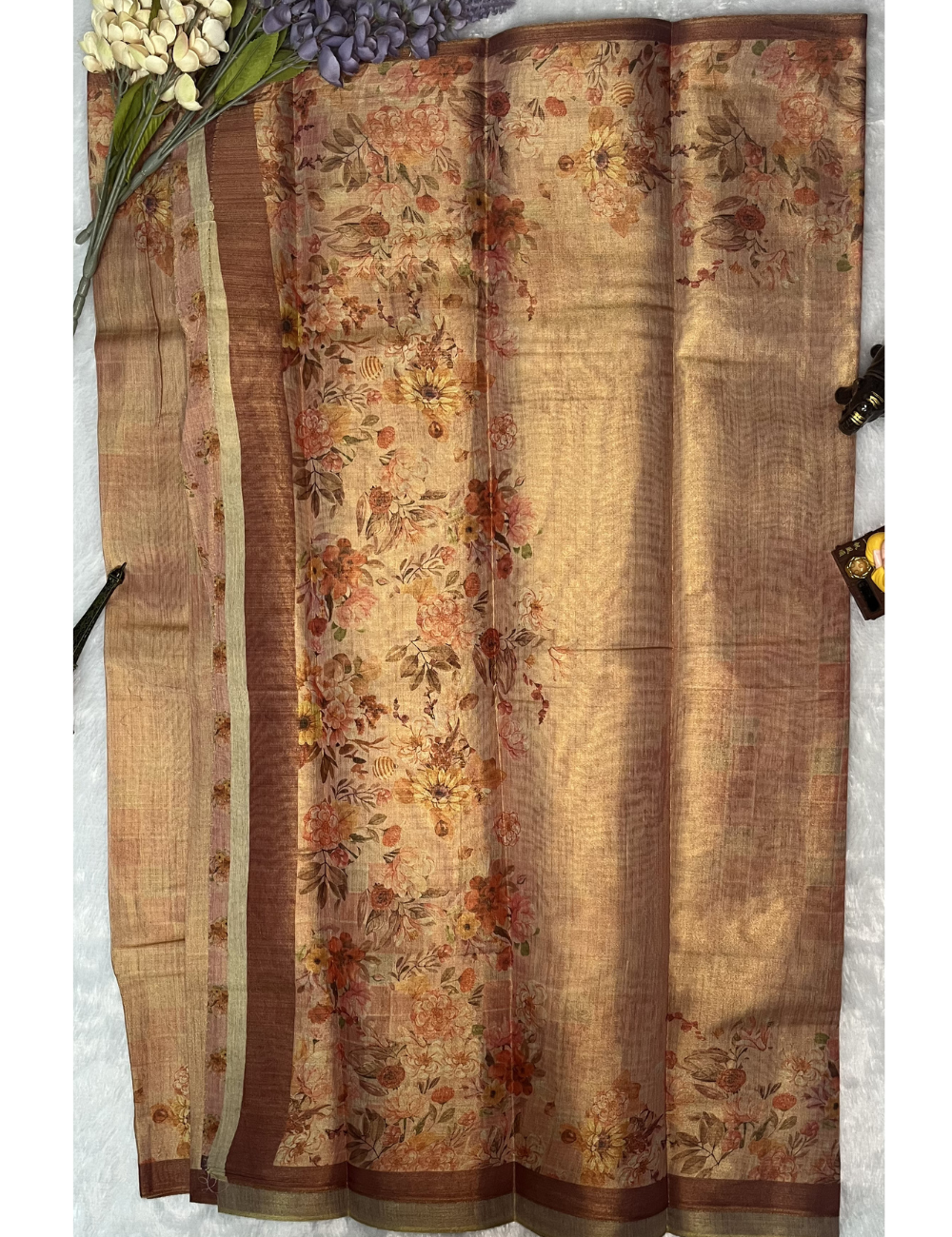 Fancy Chanderi Tissue Saree - Floral prints - Dual Shade Peach