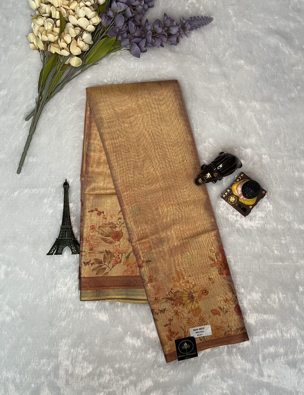Fancy Chanderi Tissue Saree - Floral prints - Dual Shade Peach