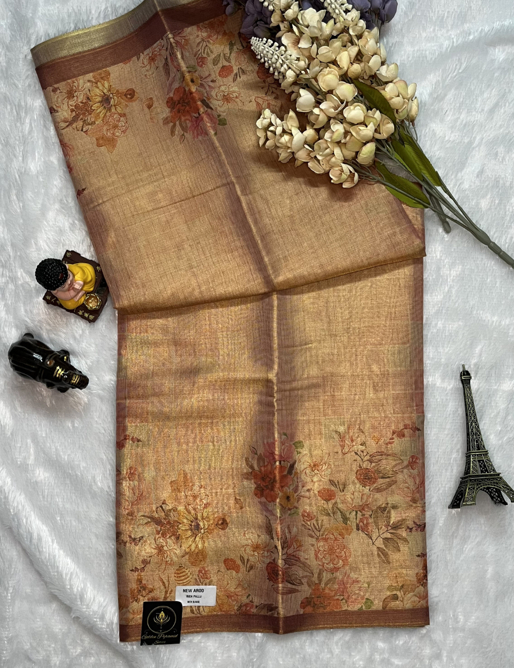 Fancy Chanderi Tissue Saree - Floral prints - Dual Shade Peach
