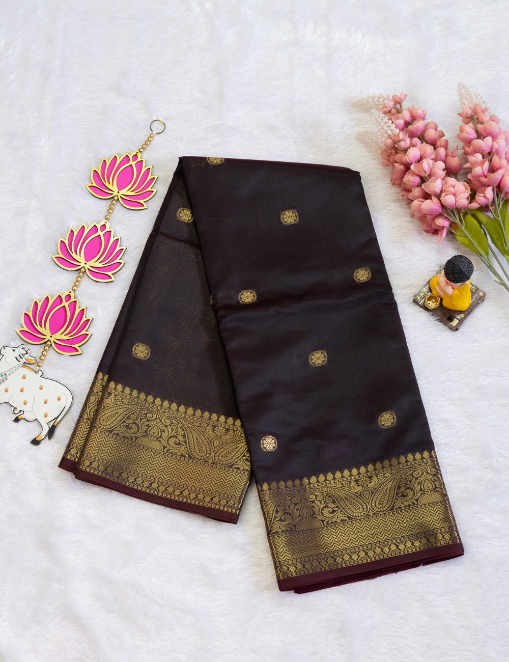 Semi Soft Silk Saree in Coffee Brown with Butta All Over - Rich Golden Pallu