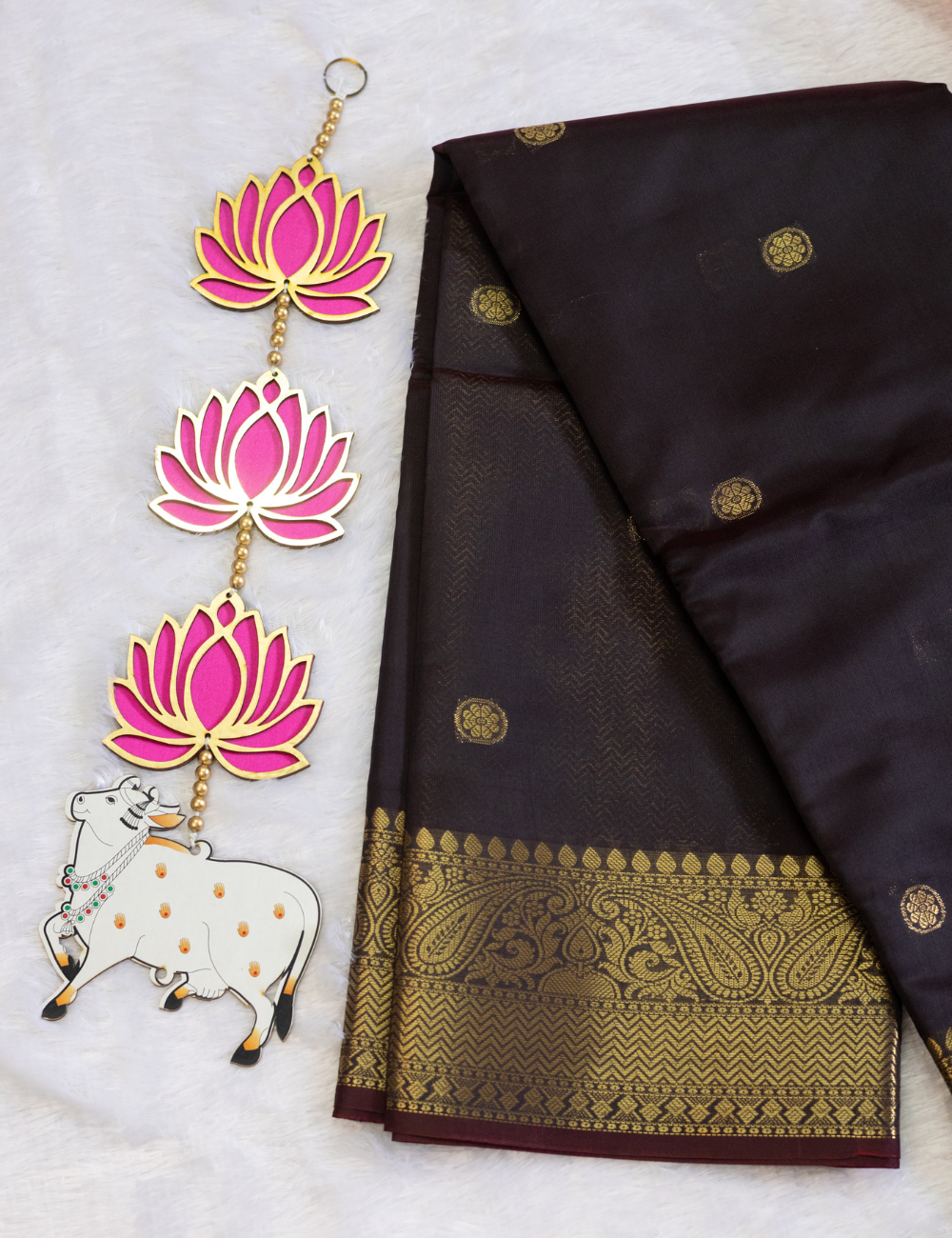 Semi Soft Silk Saree in Coffee Brown with Butta All Over - Rich Golden Pallu