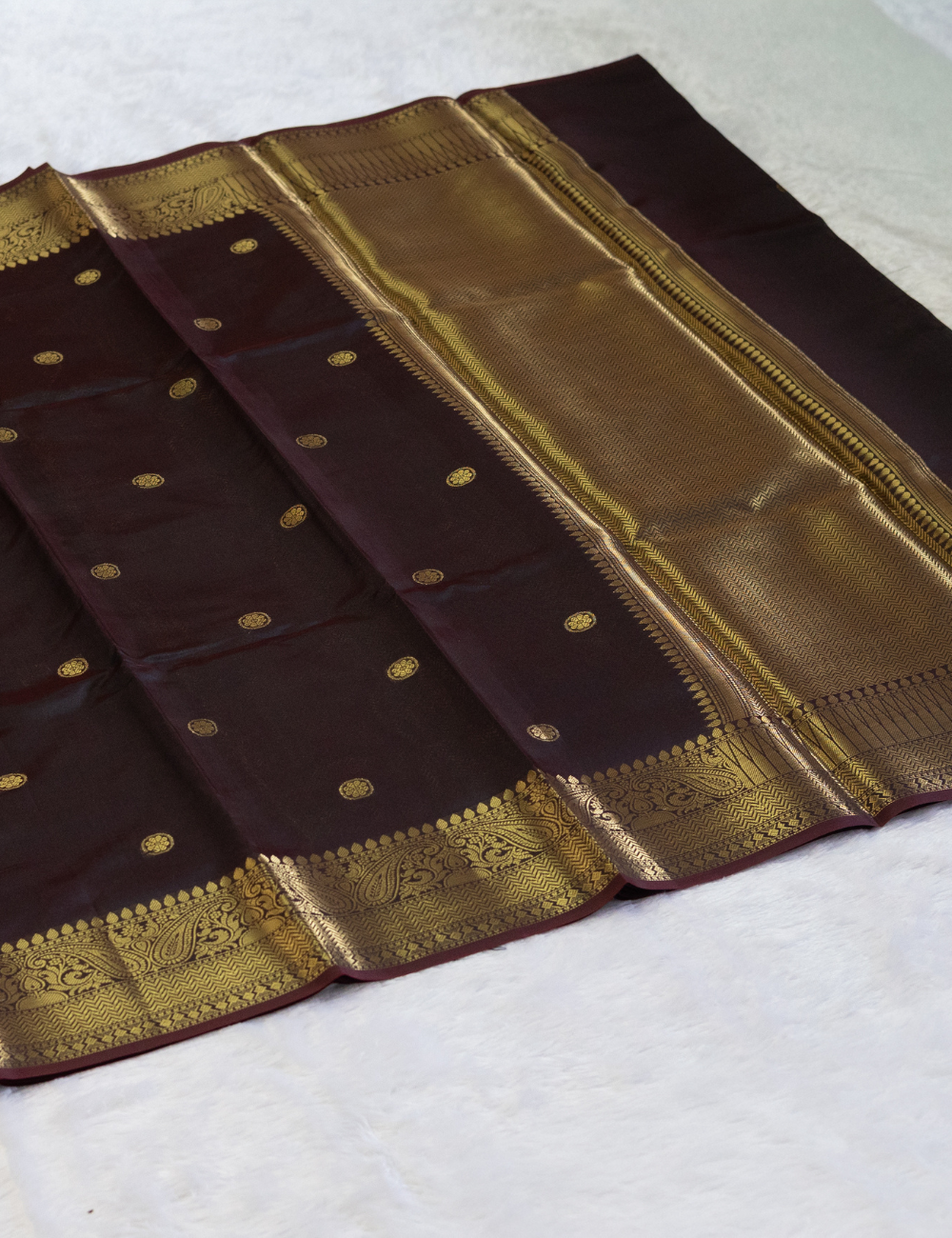 Semi Soft Silk Saree in Coffee Brown with Butta All Over - Rich Golden Pallu