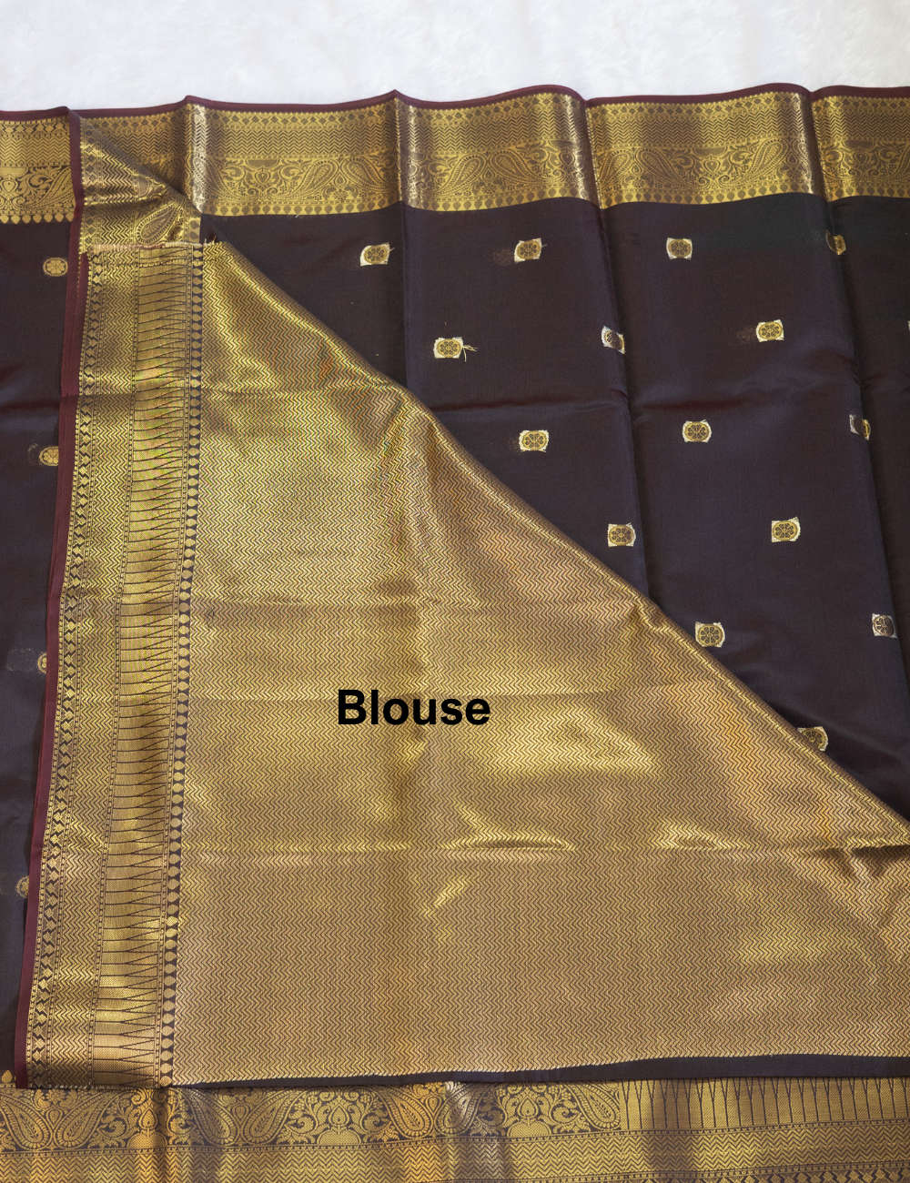 Semi Soft Silk Saree in Coffee Brown with Butta All Over - Rich Golden Pallu
