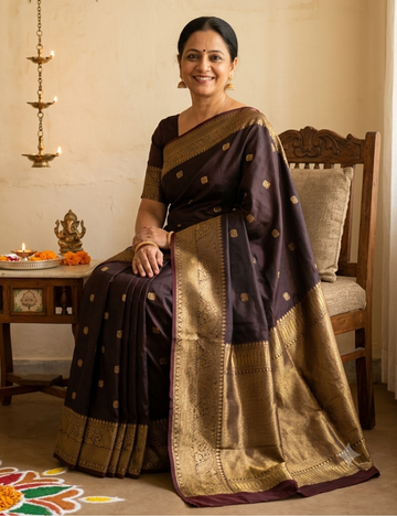 Semi Soft Silk Saree in Coffee Brown with Butta All Over - Rich Golden Pallu