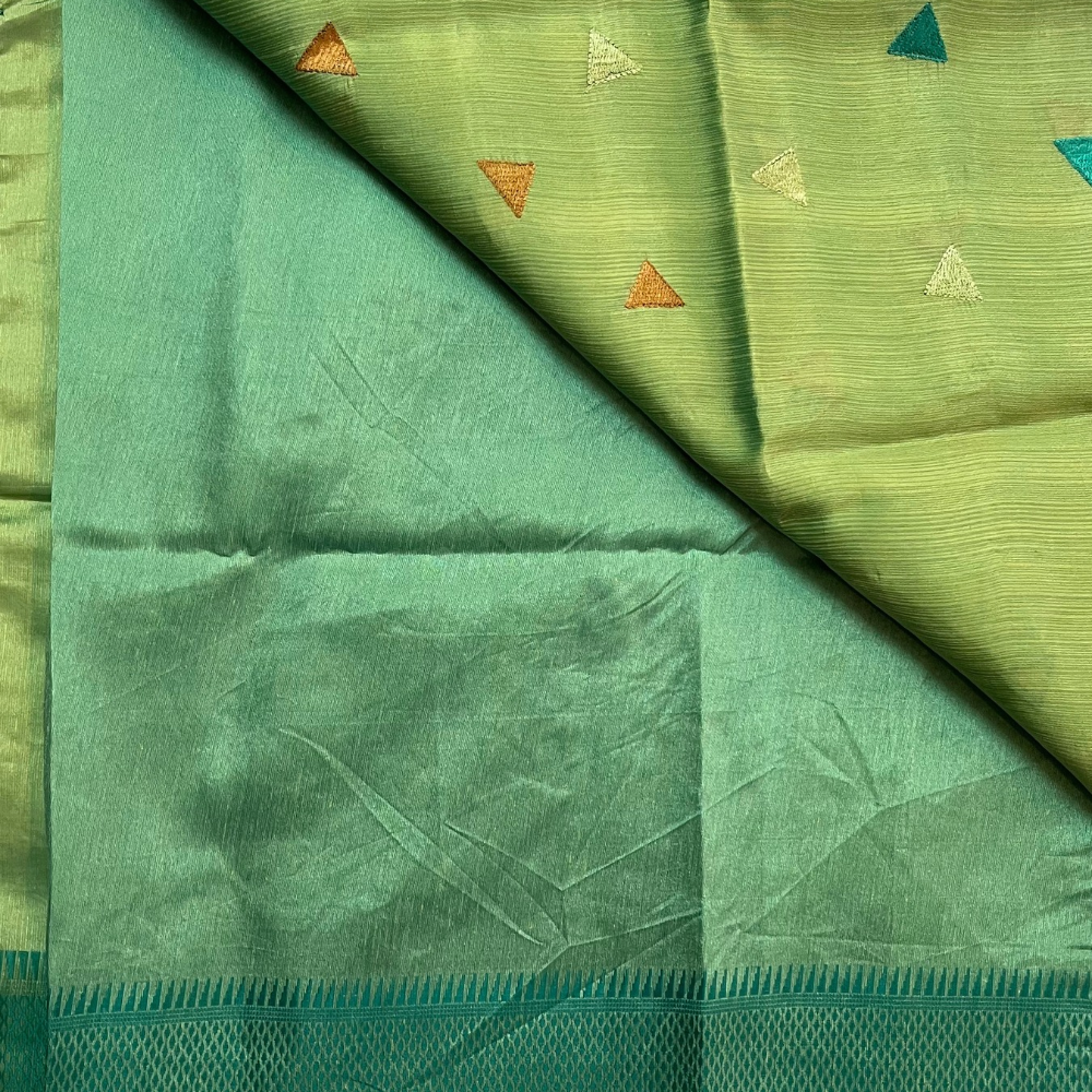 Green Semi Tussar Saree with Embroidered Butta All Over