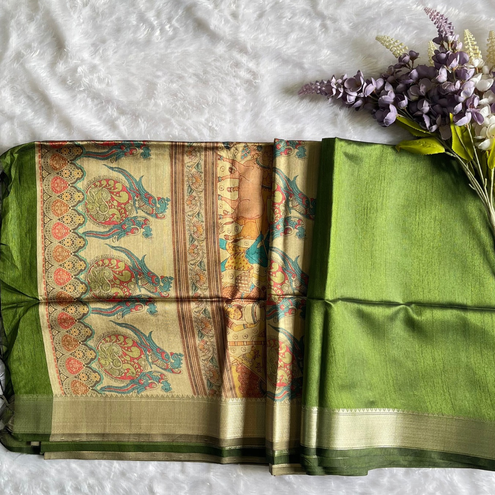Raw Silk Saree - Plain with Zari Border - Kalamkari Pallu - Bottle Green