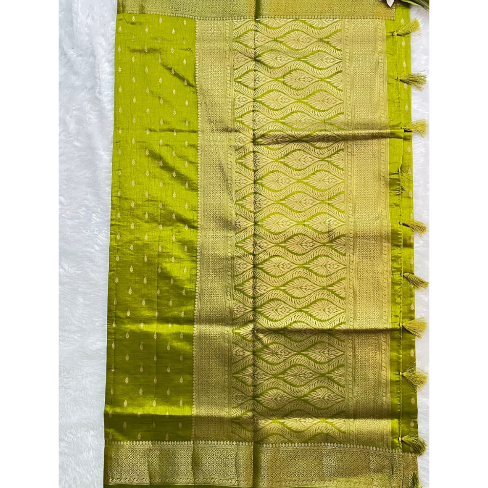 Parrot Green Semi Tussar Saree with Butta All Over - Rich Traditional Border