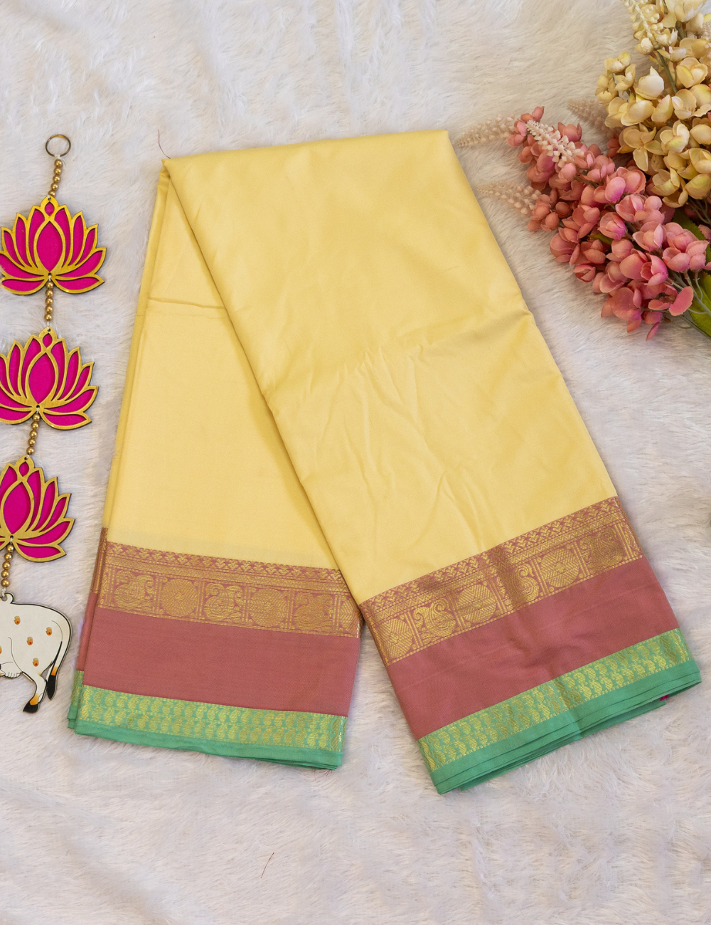Plain Ivory Chanderi Cotton Saree – Pink Rettapet Border