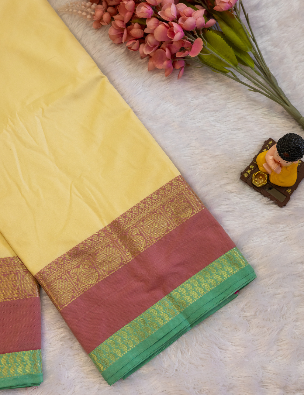 Plain Ivory Chanderi Cotton Saree – Pink Rettapet Border