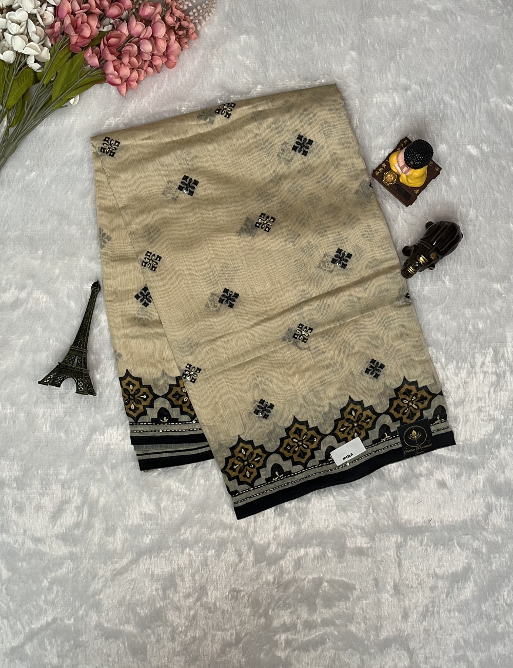 Linen Cotton Saree with Full Knot Work Embroidery - Ivory and Black