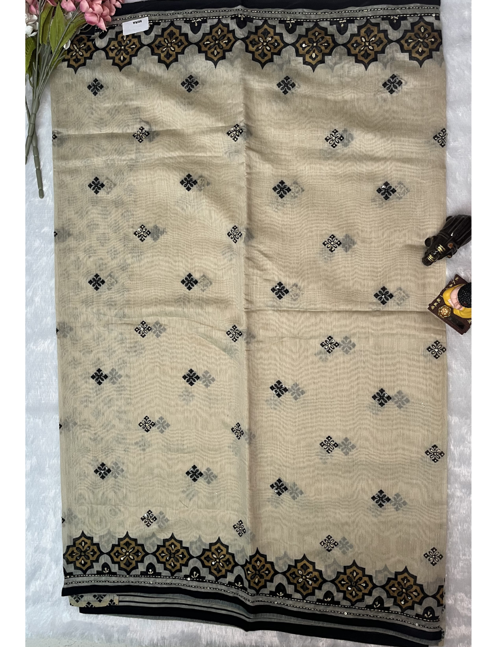 Linen Cotton Saree with Full Knot Work Embroidery - Ivory and Black