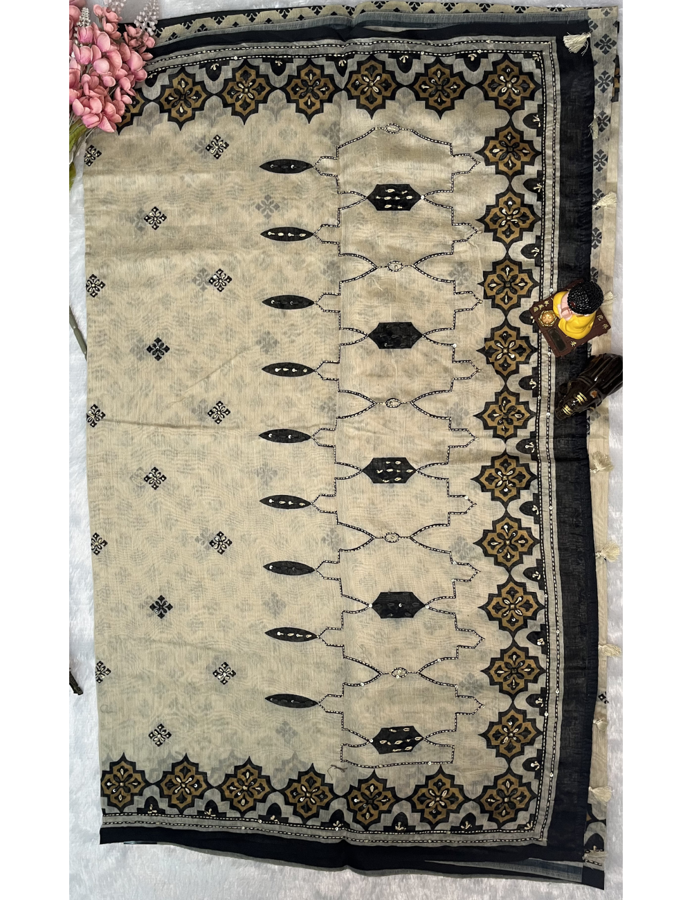 Linen Cotton Saree with Full Knot Work Embroidery - Ivory and Black
