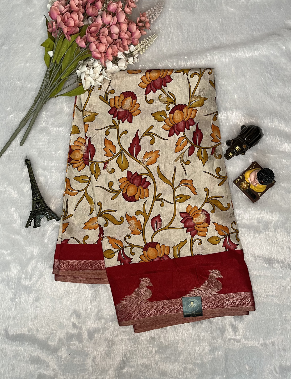 Fancy Saree in Ivory and Red - Kalamkari Prints - Peacock Motif Border