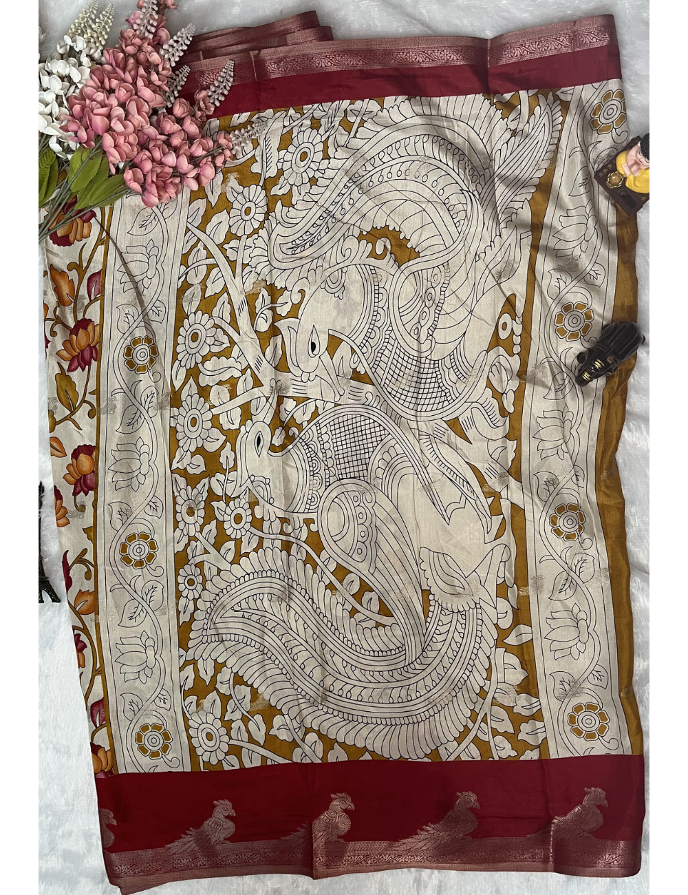 Fancy Saree in Ivory and Red - Kalamkari Prints - Peacock Motif Border