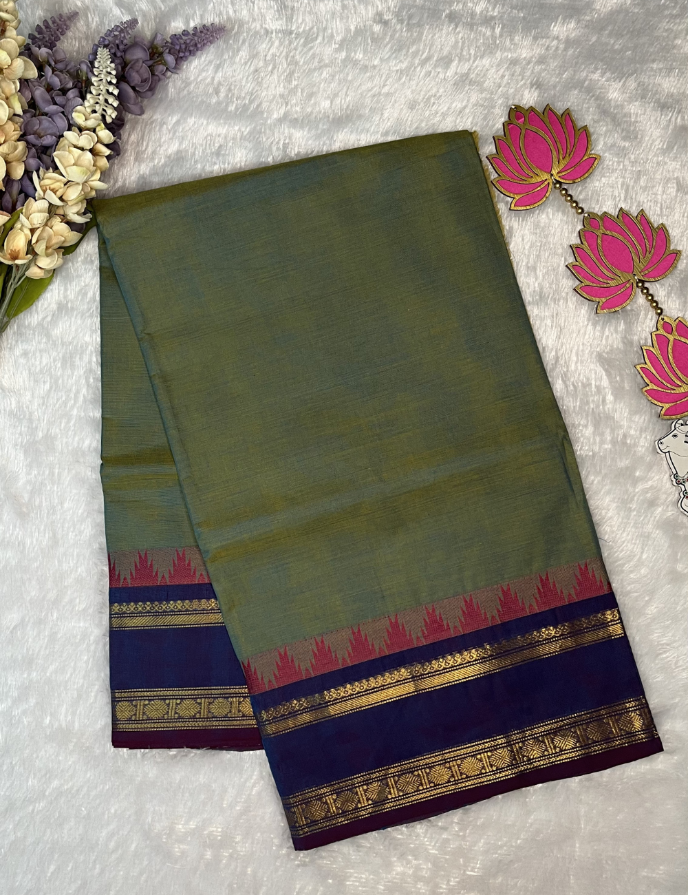 Dual Shade Green Plain Kanchi Cotton Saree - Contrast Blue Rettapet Border